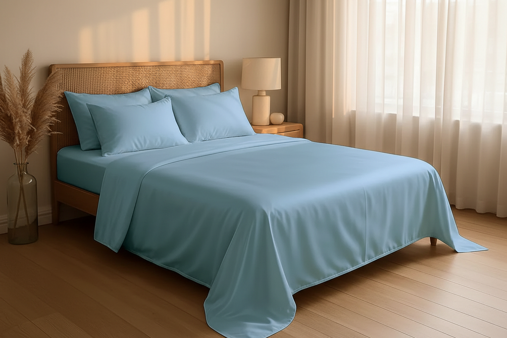 MVB Indus Twilight UltraSatin Silk Flat Double Bedsheet | Sky Blue | 1 Flat Sheet + 2 Pillow Covers