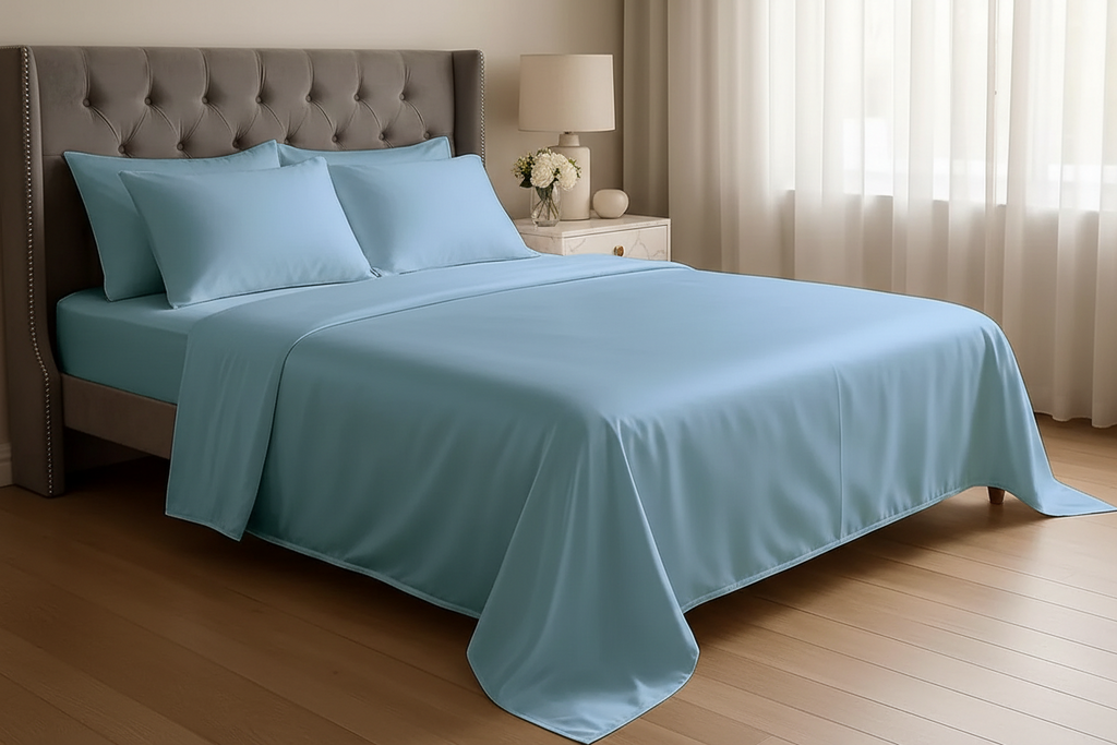 MVB Indus Twilight UltraSatin Silk Flat Double Bedsheet | Sky Blue | 1 Flat Sheet + 2 Pillow Covers