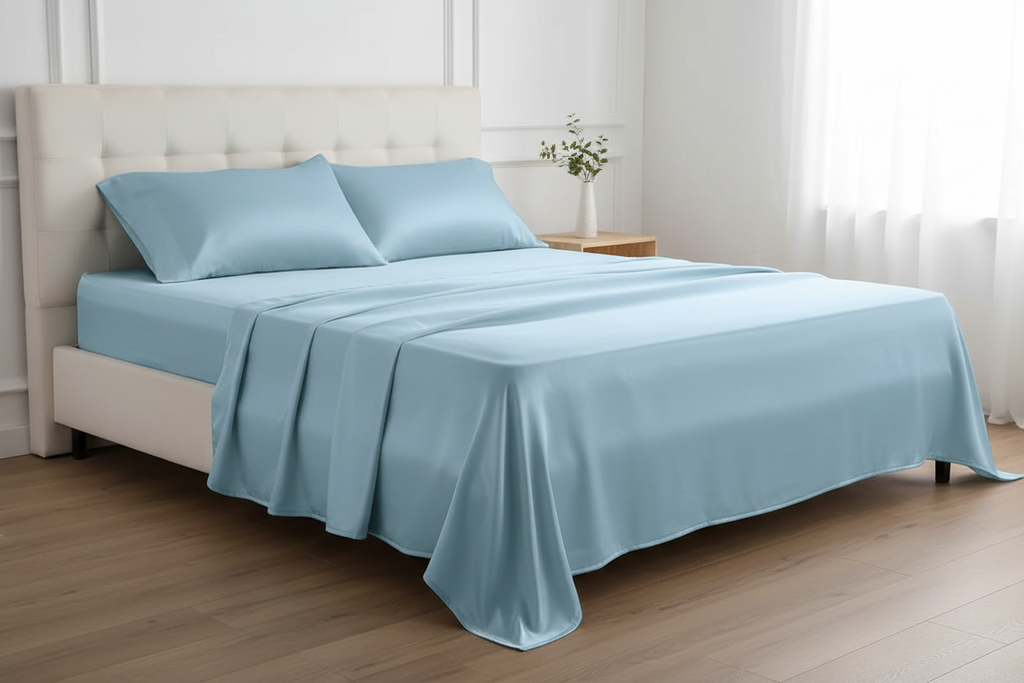 MVB Indus Twilight UltraSatin Silk Flat Double Bedsheet | Sky Blue | 1 Flat Sheet + 2 Pillow Covers