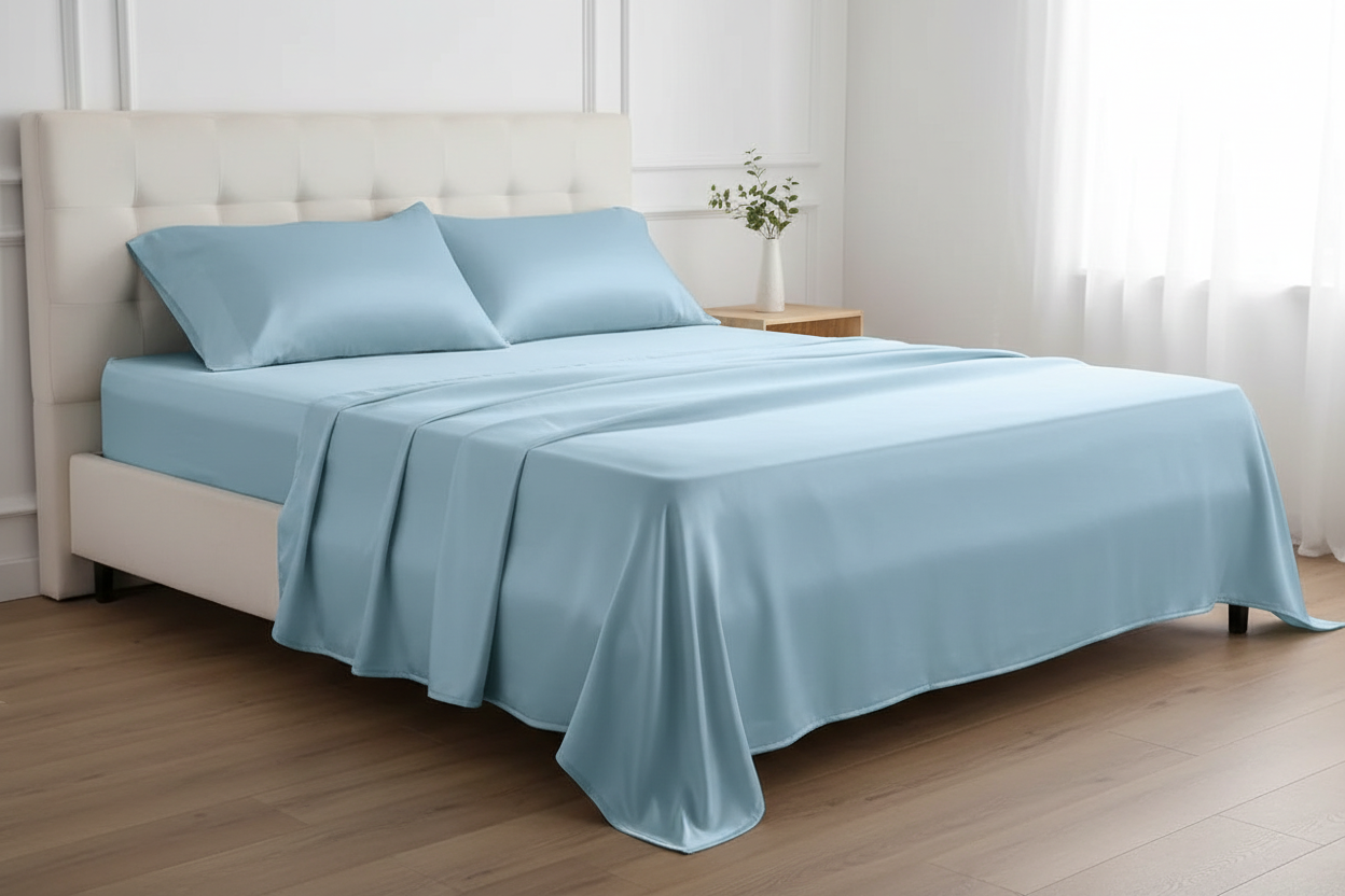 MVB Indus Twilight UltraSatin Silk Flat Double Bedsheet | Sky Blue | 1 Flat Sheet + 2 Pillow Covers