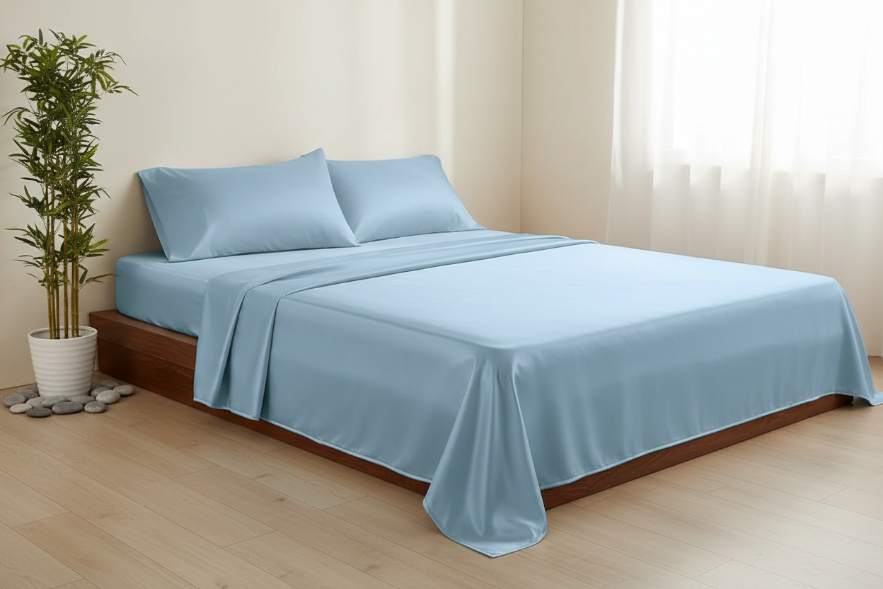 MVB Indus Twilight UltraSatin Silk Flat Double Bedsheet | Sky Blue | 1 Flat Sheet + 2 Pillow Covers
