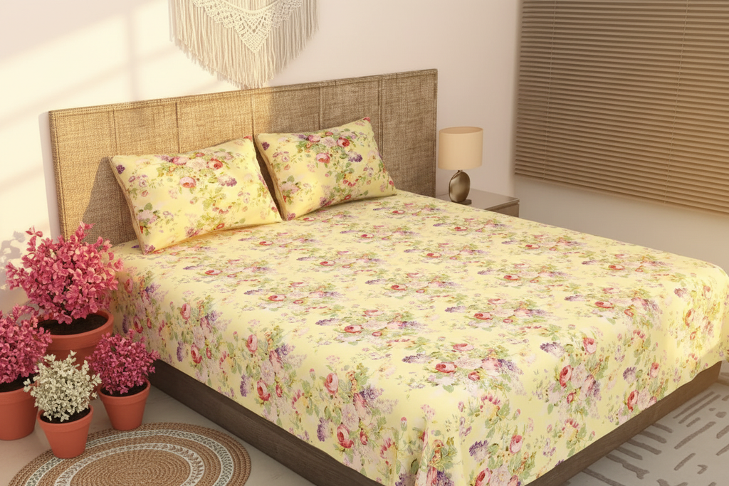 Soft Yellow Floral Bedsheet Boho Bedroom