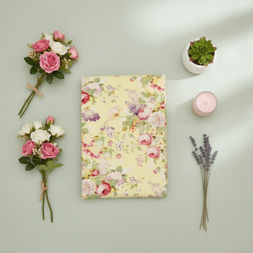 Soft Yellow Floral Bedsheet Flat Lay