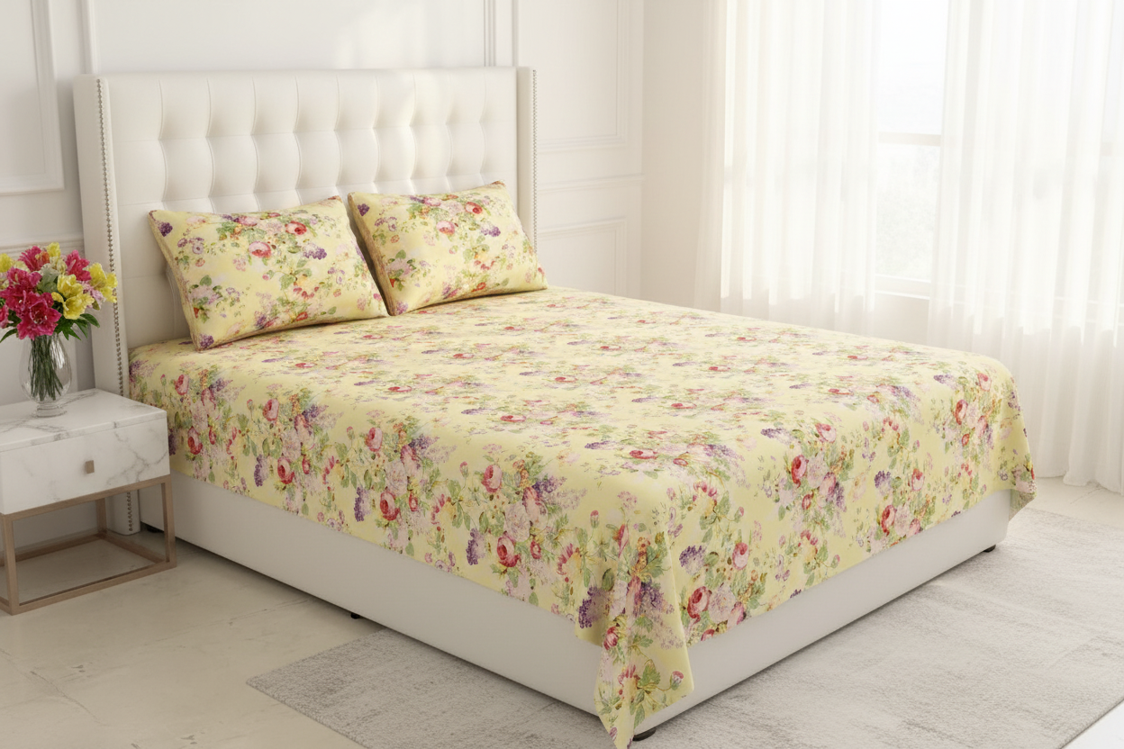 Soft Yellow Floral Bedsheet White Bedroom