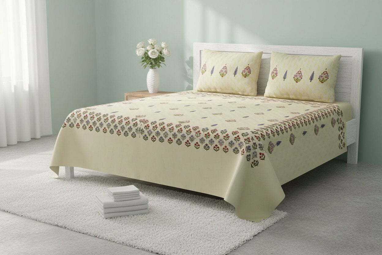Cream Base Multi-Color Floral Motif Hand Block Print King Size Bedsheet | 100% Pure Cotton