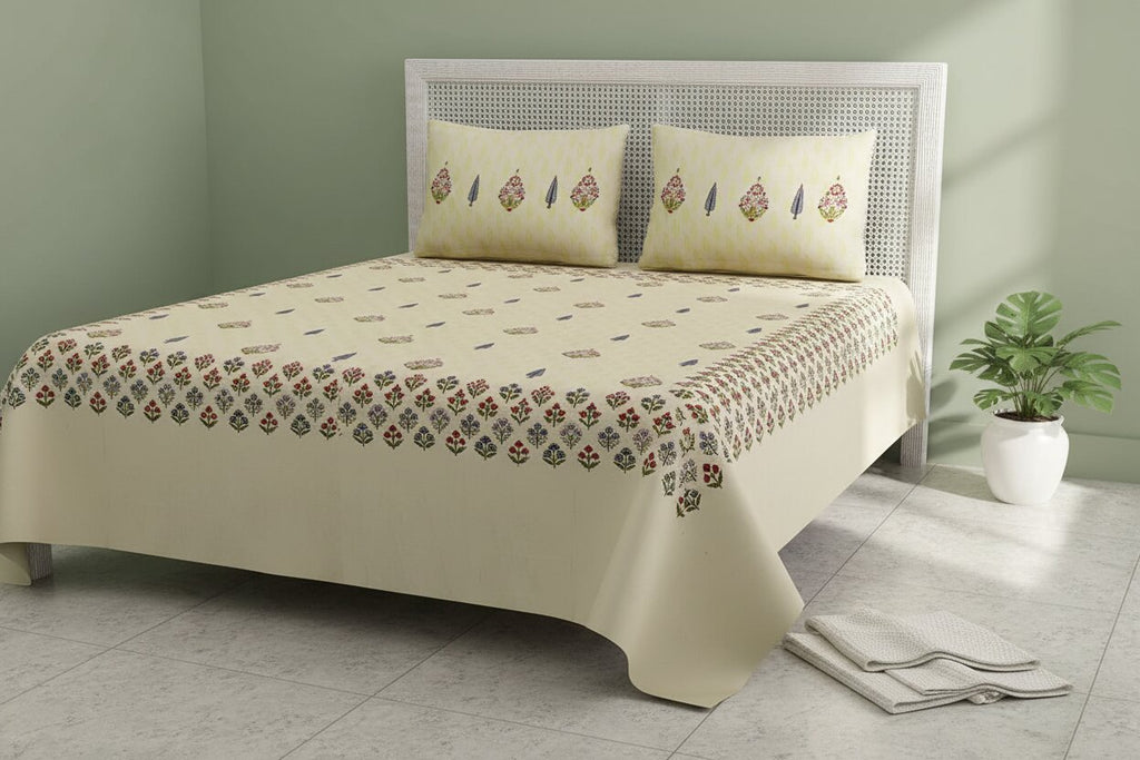 Cream Base Multi-Color Floral Motif Hand Block Print King Size Bedsheet | 100% Pure Cotton