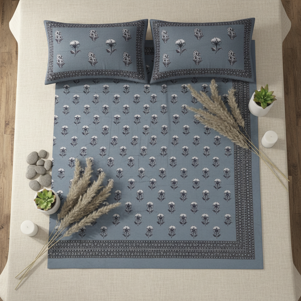 Steel Blue Bedsheet Flat Lay