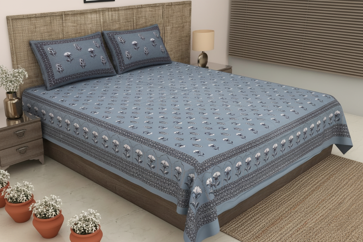 Steel Blue Bedsheet Indian Bedroom