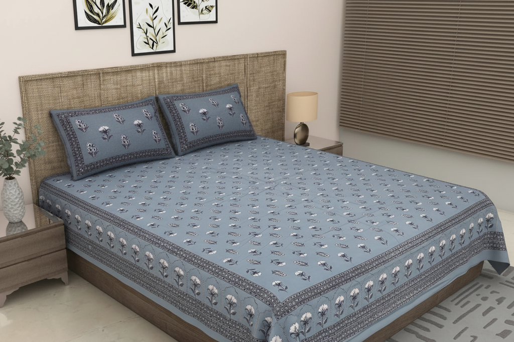 Steel Blue Bedsheet Scandinavian Bedroom