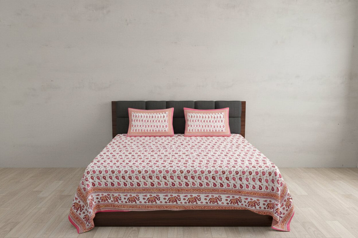MVB Double Bedsheet – Paisley Watermelon Pink with Gold Print | 100% Pure Cotton