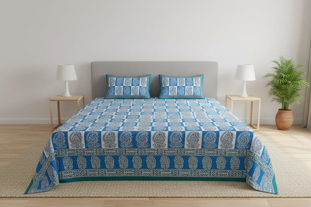 Double Bedsheet Sky Blue Checkered Design | 100% Fine Cotton | 240 TC | Set of 3 | MVB YUGVIGYANA