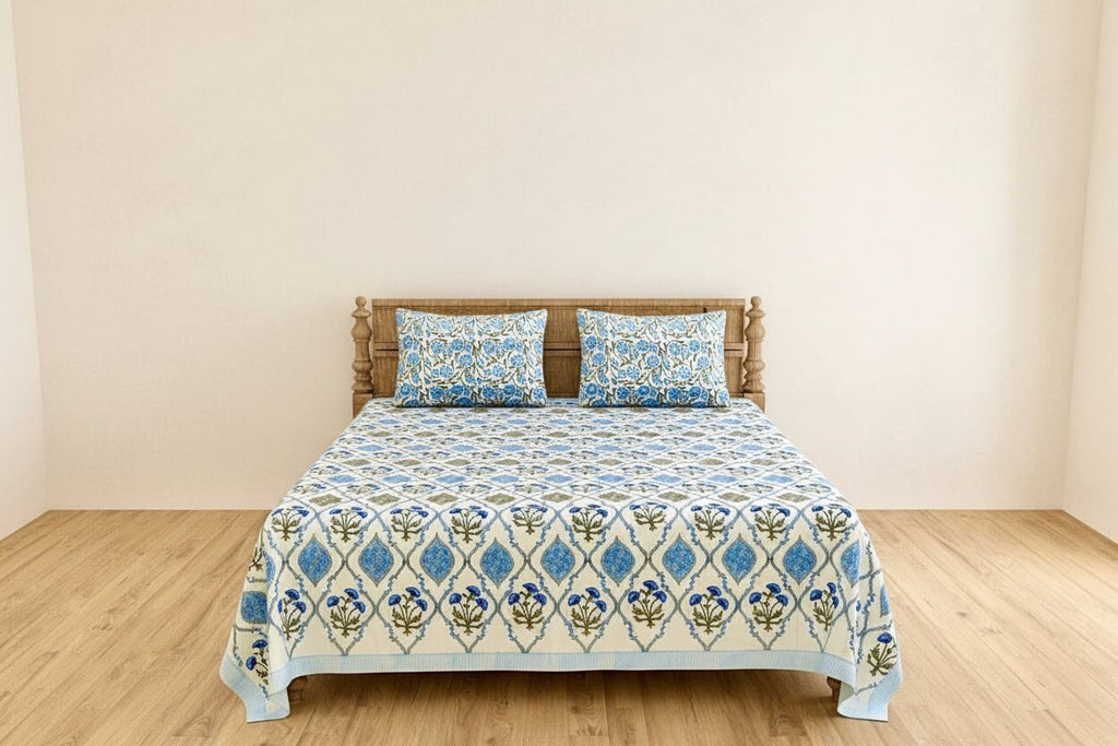 MVB Ultra Premium Block Print King Size Bed Sheet Set | 400 TC | 100% Pure Cotton | 3 Pcs