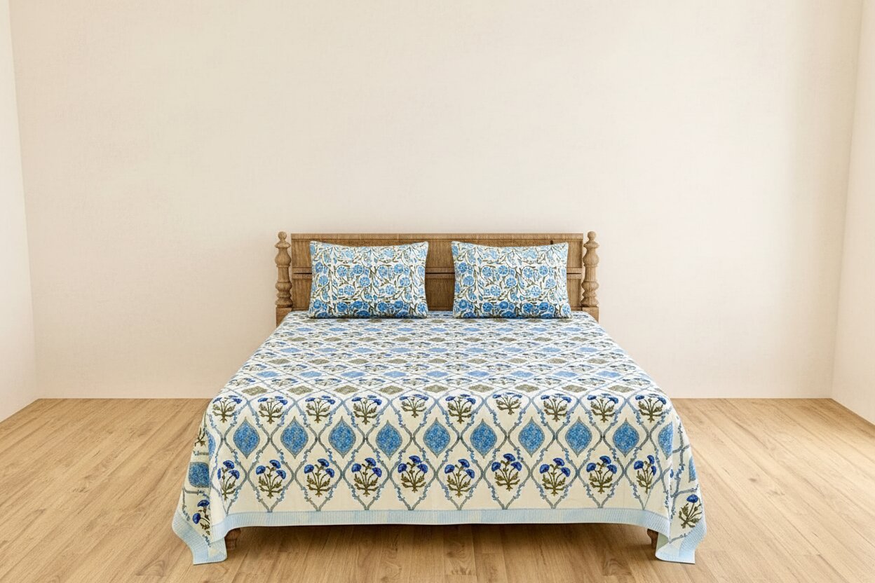 MVB Ultra Premium Block Print King Size Bed Sheet Set | 400 TC | 100% Pure Cotton | 3 Pcs