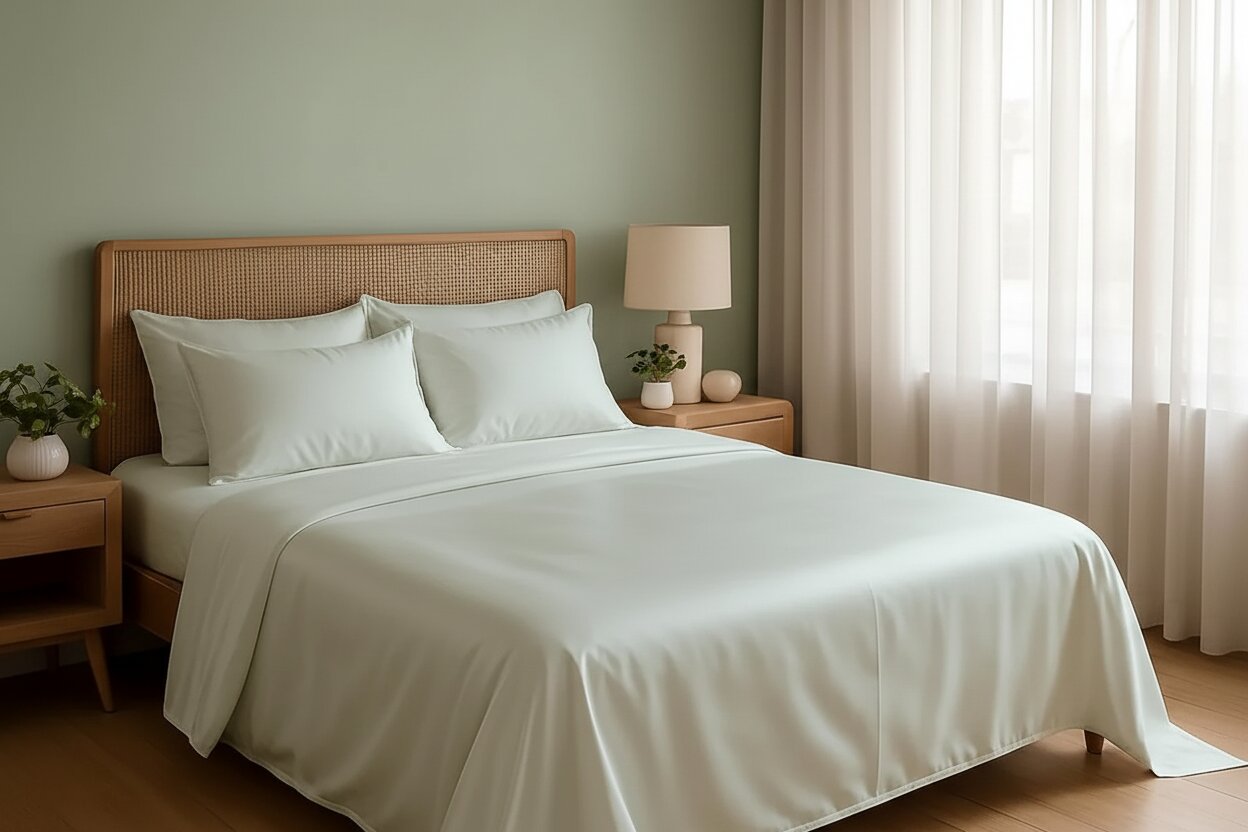 MVB UltraSatin Silk Flat Double Bedsheet | Beige Mint | 1 Flat Sheet + 2 Pillow Covers