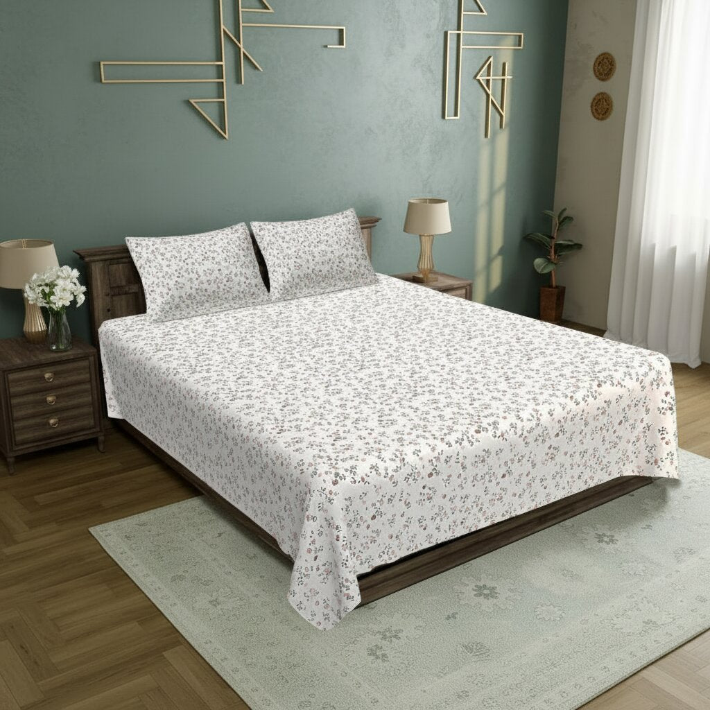 Nocturnal Vernal Petals Double Bedsheet | Premium Floral Cotton Bedsheet with 2 Pillow Covers