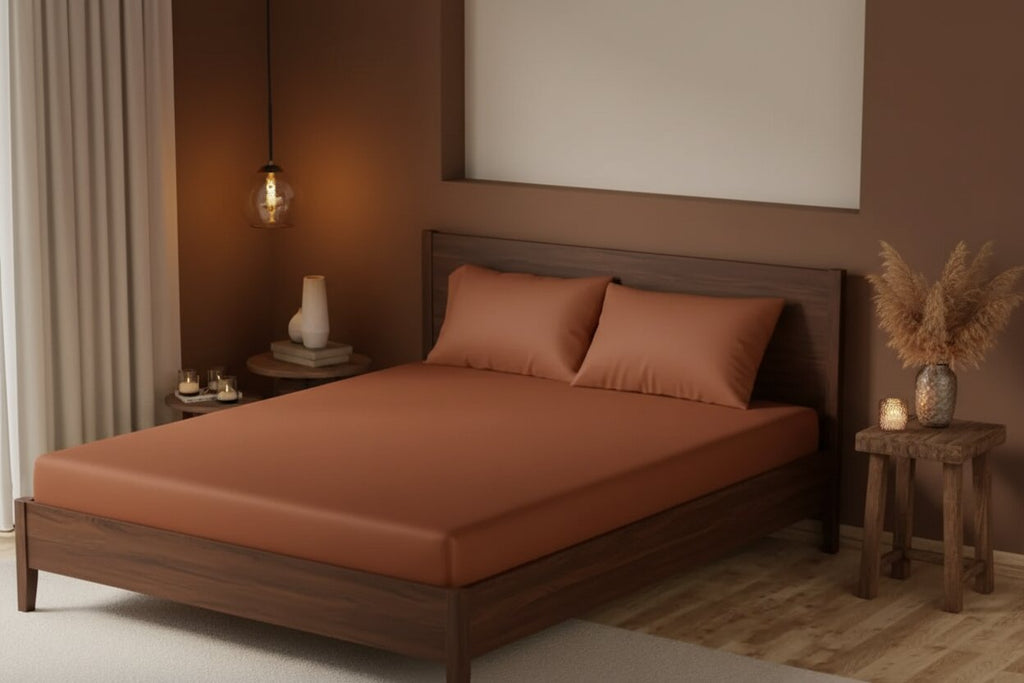 Terracotta UltraSatin Fitted Double Bedsheet with 2 Pillow Covers | MVBDFT41