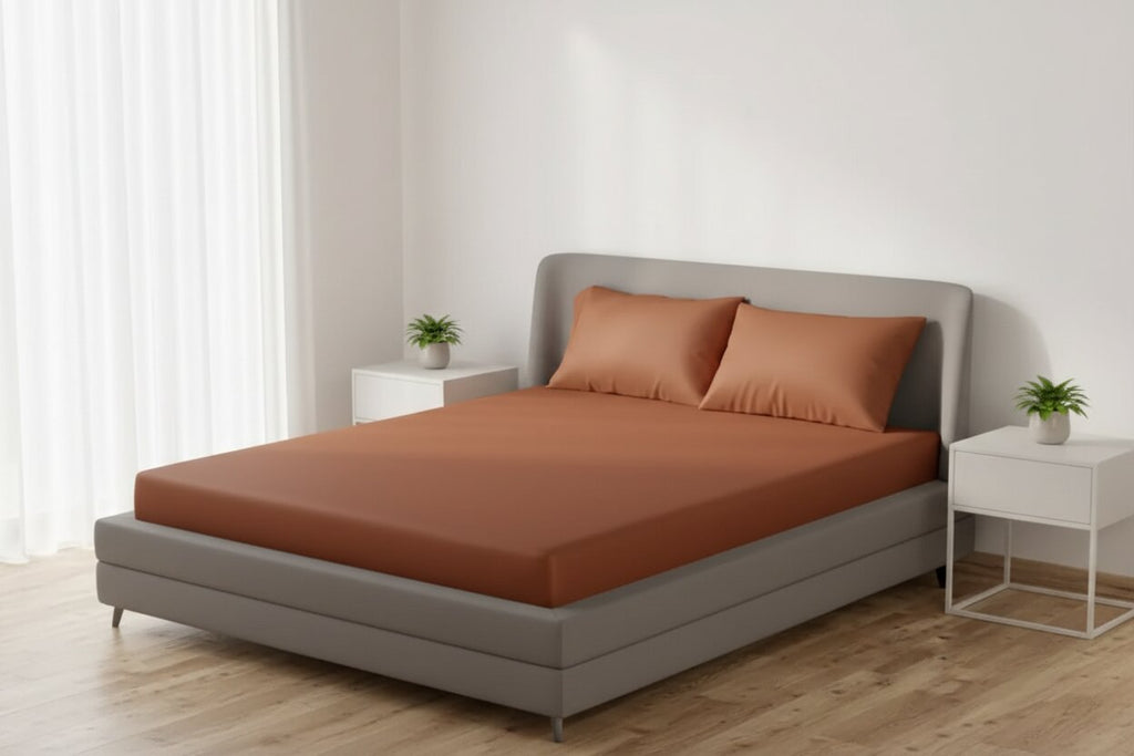 Terracotta UltraSatin Fitted Double Bedsheet with 2 Pillow Covers | MVBDFT41