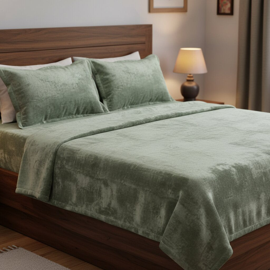 MVB Serene Sage Green Velvet Double Bedsheet - Rattan Arch Headboard