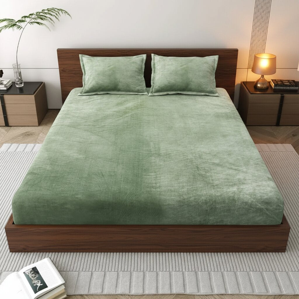 MVB Serene Sage Green Velvet Double Bedsheet - Top View Modern Bed