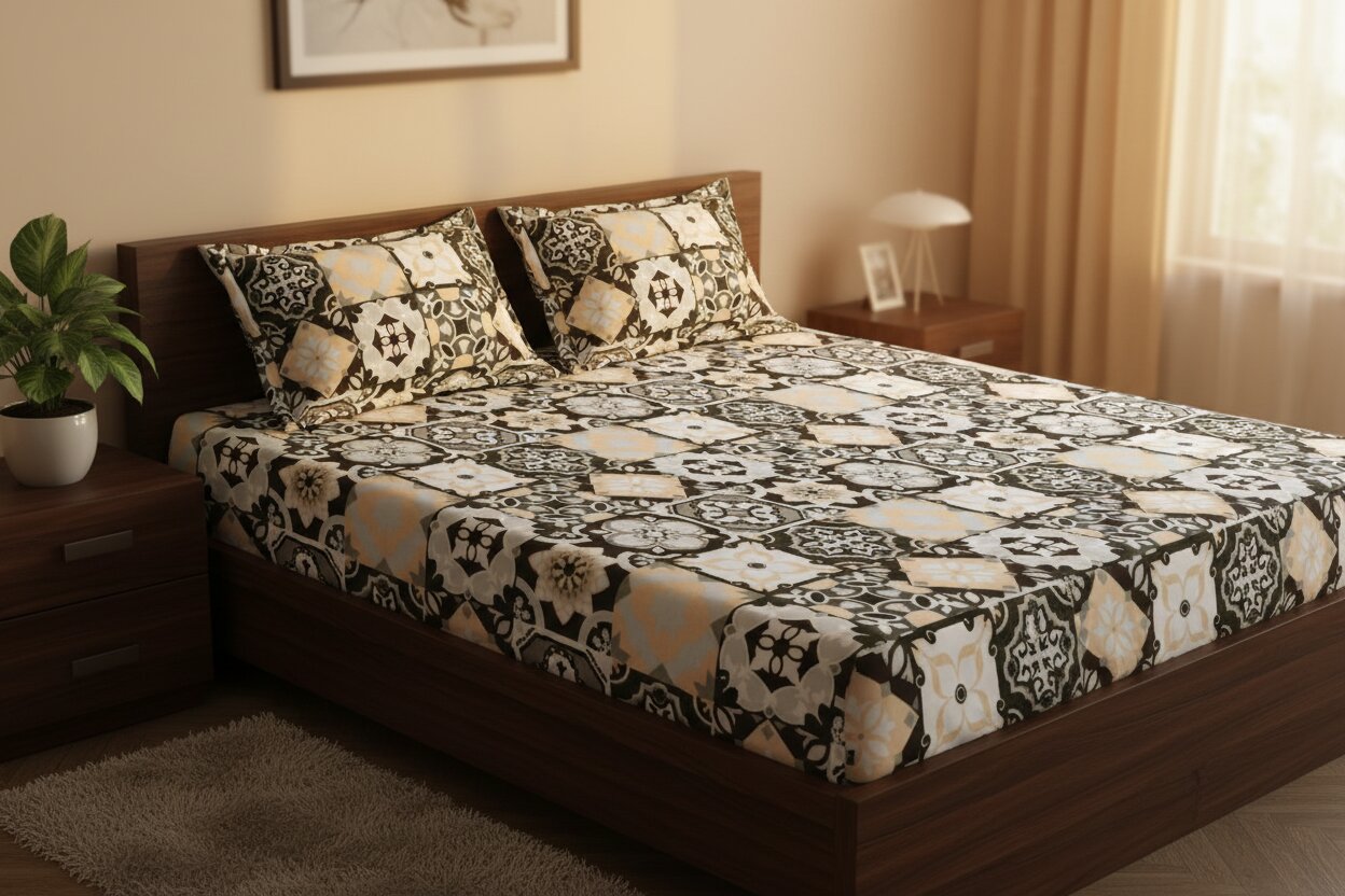 MVB Classic Tile Symphony Super Soft Velvet Double Bedsheet with Matching Pillow Covers