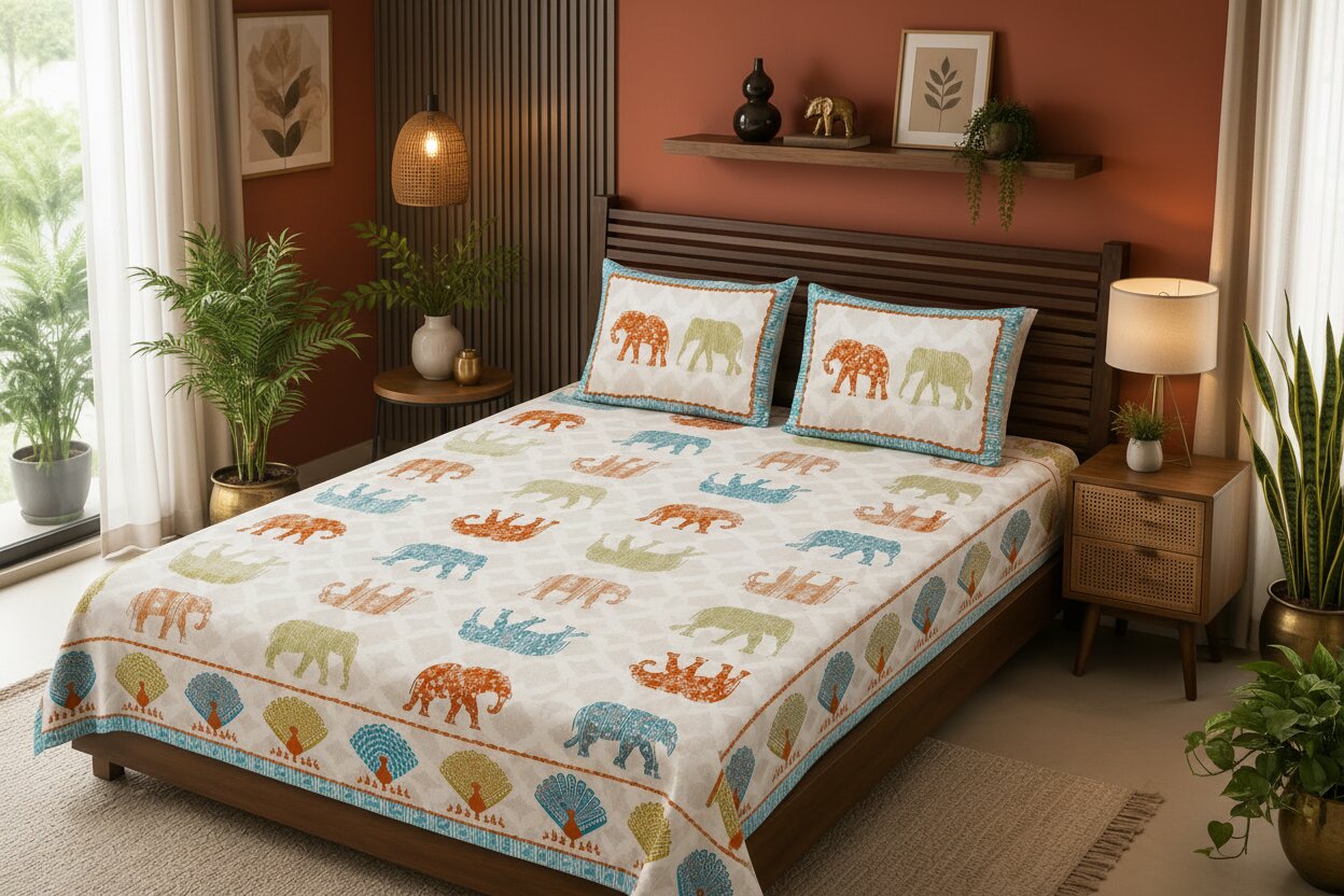 MVB Jungle Safari Blue Double Bed Sheet Set | 100% Pure Cotton | 210 TC | 3 Pcs