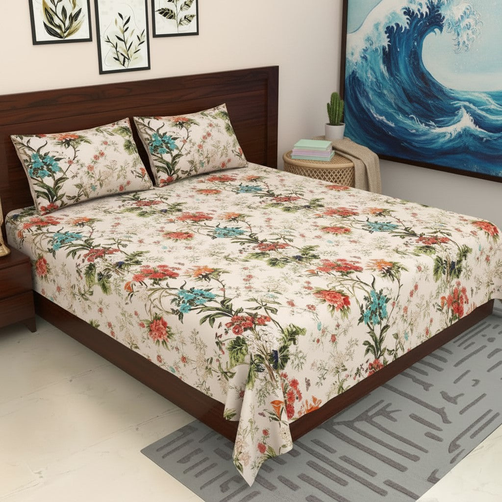 Off-White Tropical Floral Bouquet Pure Cotton King Size Bedsheet