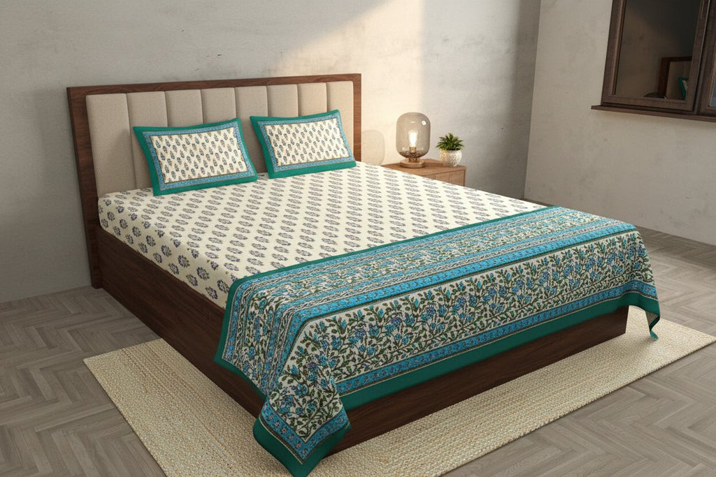 MVB Double Bed Sheet – Green Border Cream Base Multi Border Small Booti with Golden Print | Super Fine Cotton