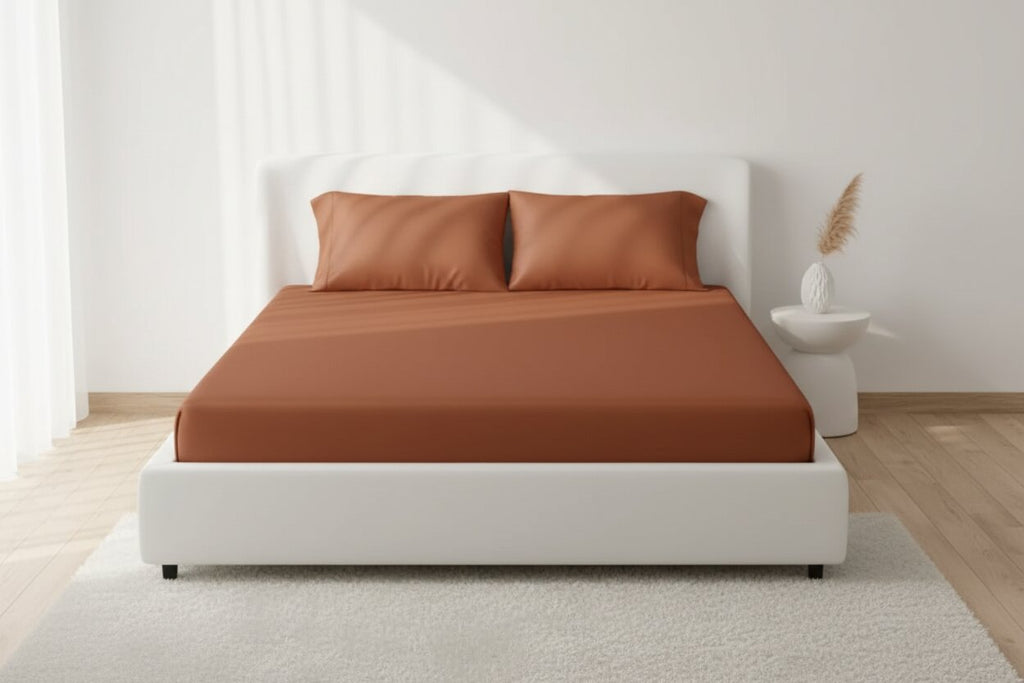 Terracotta UltraSatin Fitted Double Bedsheet with 2 Pillow Covers | MVBDFT41