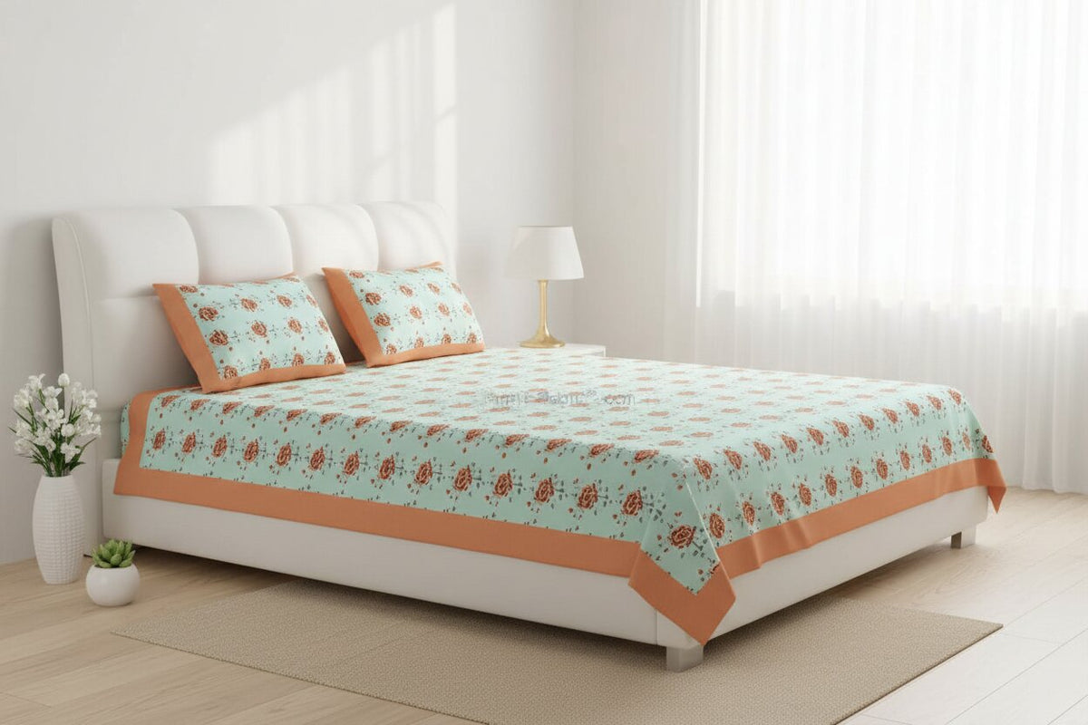 MVB Peach Garland Double Bedsheet | 100% Pure Cotton | 153 GSM | Set of 3