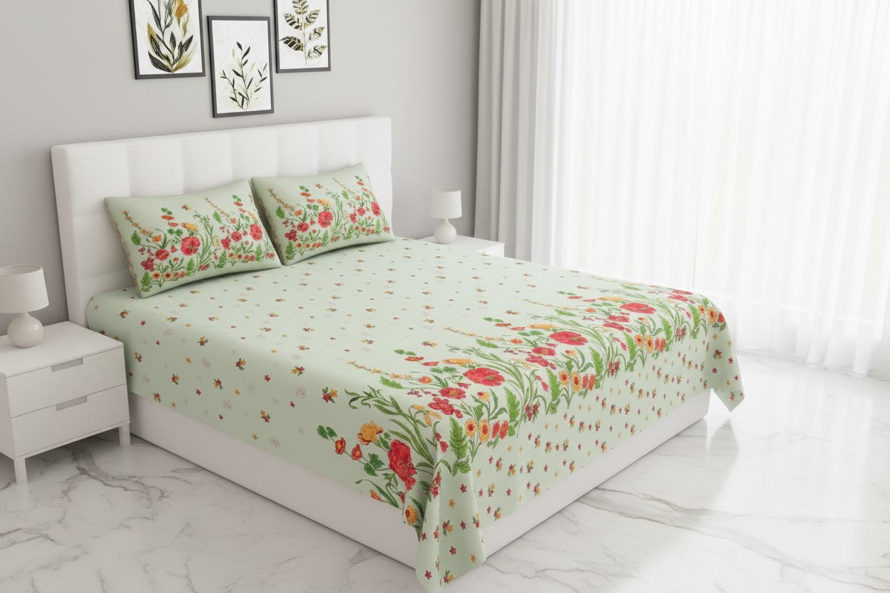 Mint Green Poppies in Bloom Pure Cotton King Size Bedsheet