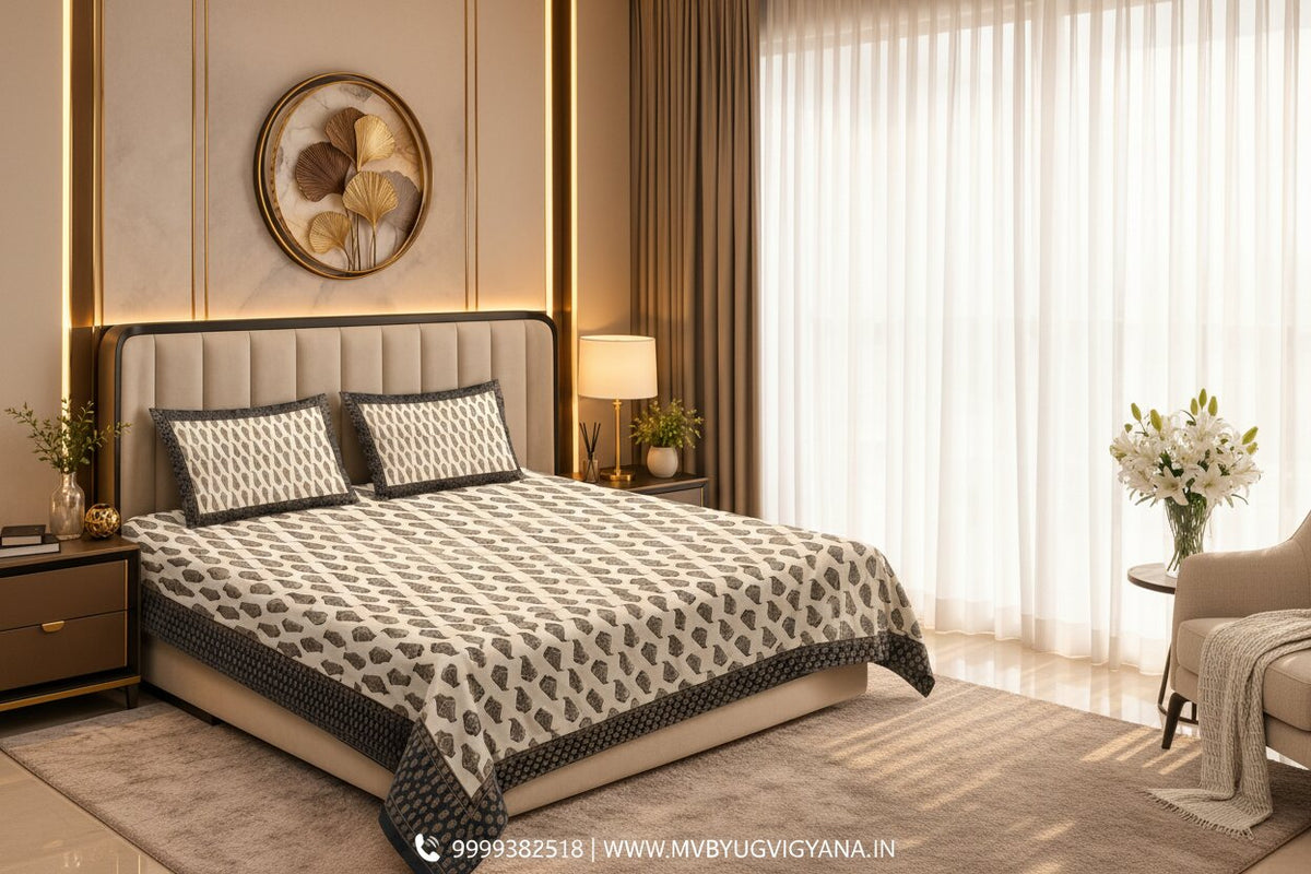 Black Gold Leafy Delights – Mercerised Cotton Double Bedsheet Set